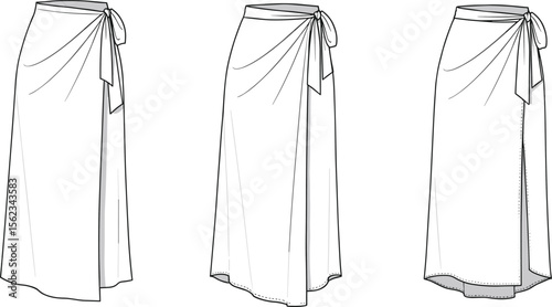 Women's Flowy Wrap Skirt Design: Technical Flat Sketch of Midi Length Skirt with Adjustable Tie Closure, Elegant Fashion Apparel Illustration