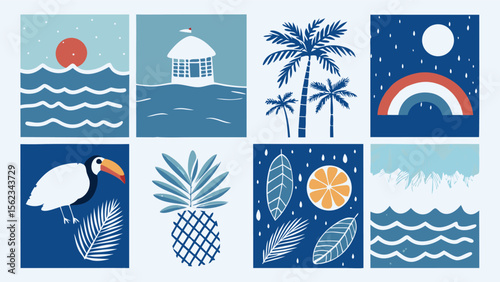 Eight Naive Art Style Summer Illustrations with Tropical Elements