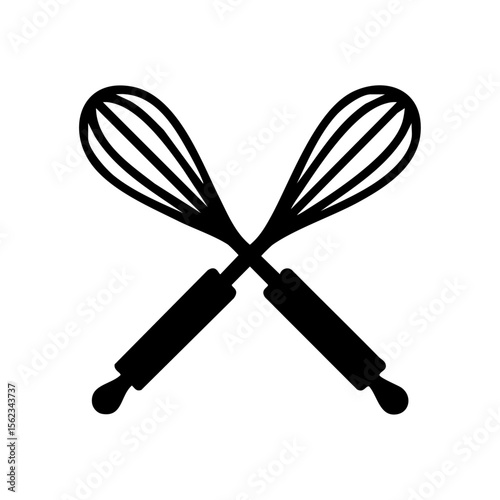 Minimalist black icon of a dough whisks crossed, symbolizing baking, culinary tools, and artisanal food preparation.
