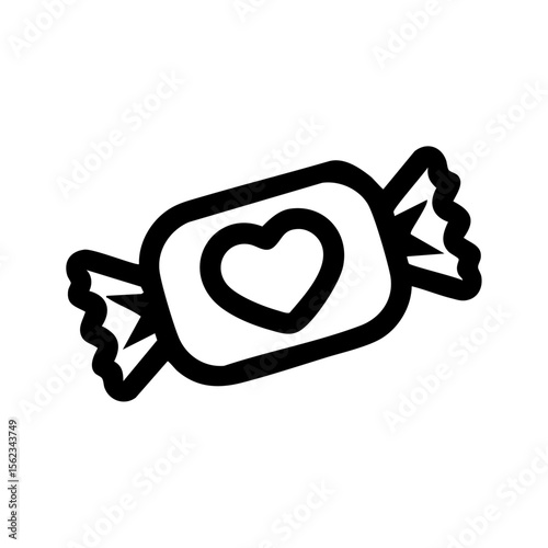 Minimalist black vector icon of a wrapped candy featuring a heart symbol in the center, representing sweetness, affection, and love-themed treats.
