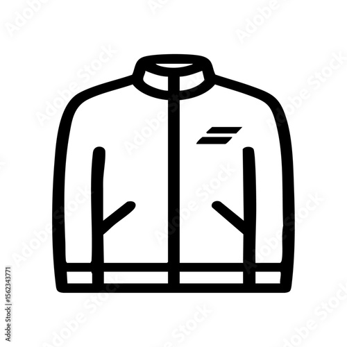 Minimalist black icon of a zip-up jacket featuring pockets and a chest badge, representing casual sportswear, modern fashion, and everyday outerwear.
