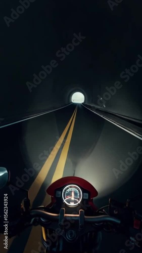 First Person View of Motorcycle Rider Emerging from Tunnel onto an Open Highway Under a Cloudy Sky
