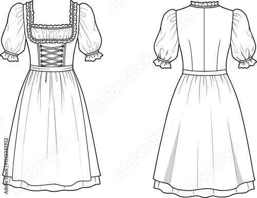 Traditional Dirndl Dress Design: Bavarian Folk Costume Technical Flat Sketch with Puff Sleeves and Corset Detail, Cultural Apparel Illustration