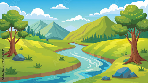 Serene Landscape Cartoon River Flowing Through Green Hills Under a Blue Sky