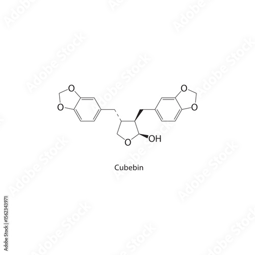 Cubebin skeletal structure. Lignan compound schematic illustration. Simple diagram, chemical formula.