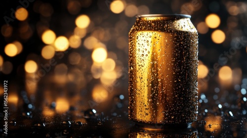 Shiny golden drink can with water droplets