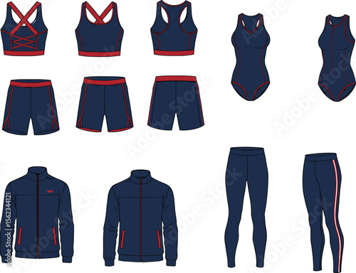 Comprehensive Activewear Collection: Technical Flat Sketches of Sports Bras, Shorts, Swimwear, Track Jacket, and Leggings for Men and Women