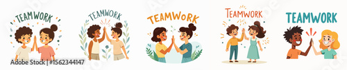 Vector flat illustration of two people giving high-five under the text ‘TEAMWORK’. Clean lines, pastel accents, white background.