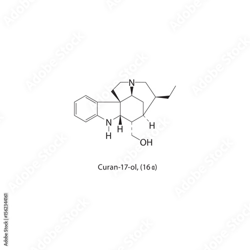 Curan-17-ol, (16α) skeletal structure. Steroid derivative compound schematic illustration. Simple diagram, chemical formula.