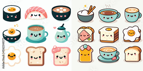 Flat vector collection of cute kawaii food icons with happy faces: sushi, toast, coffee, eggs. Minimalist design, pastel colors, white background