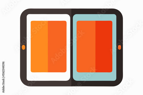 Modern tablet device displaying two vibrant orange screens side by side