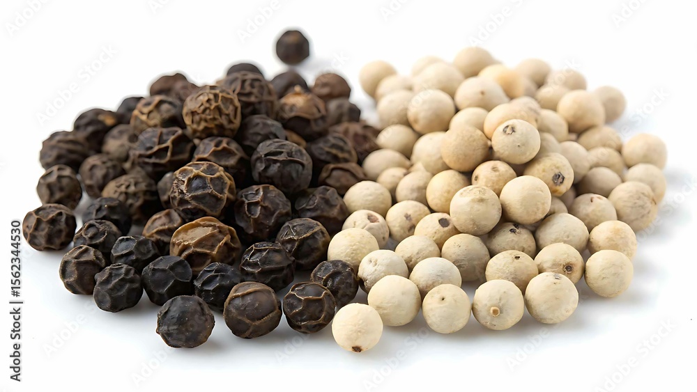 Fototapeta premium Heap of black and white peppercorns isolated on white background
