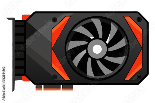 Modern gaming graphics card with fan and orange accents