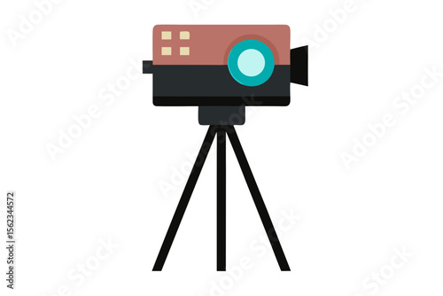 Retro video camera with lens on a tripod in a flat design style