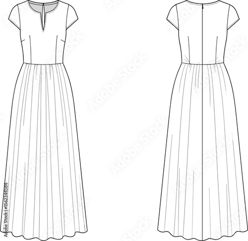 Women's Elegant Maxi Dress Design: Cap Sleeve Gown with Notch Neckline and Gathered Skirt, Technical Flat Fashion Sketch Illustration