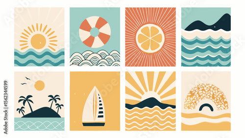 Summer Sunset Inspired Illustrations Bundle with Sun Waves Lifesaver Sailboat