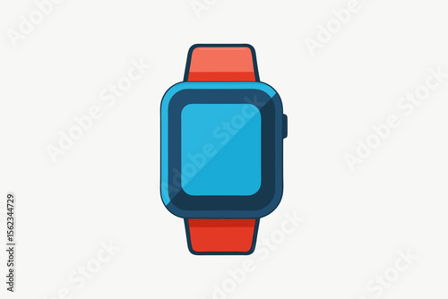 Modern smartwatch with blue screen and red band on white background