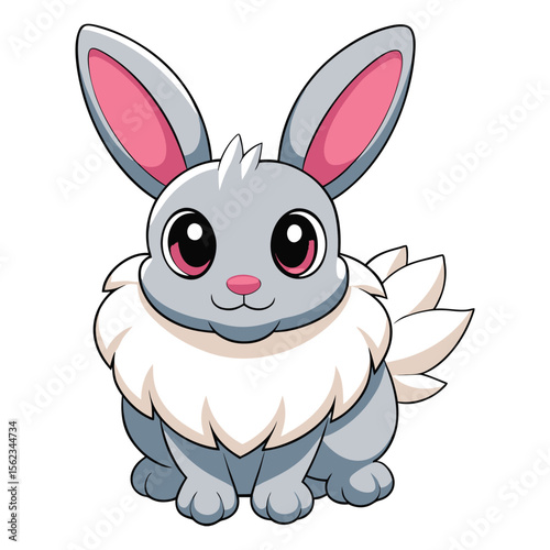 Cute cartoon grey bunny with fluffy white fur isolated on transparent background