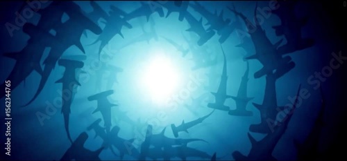 A vibrant blue underwater scene with a bright light at its center. Silhouettes of numerous hammerhead sharks swim around the light, creating a swirling tunnel effect.

