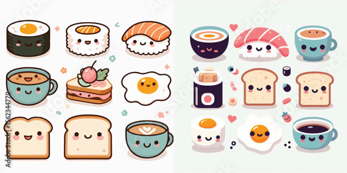 Flat vector collection of cute kawaii food icons with happy faces: sushi, toast, coffee, eggs. Minimalist design, pastel colors, white background