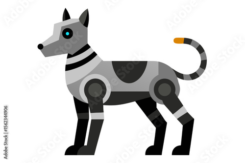Geometric robotic dog with blue eye and striped tail