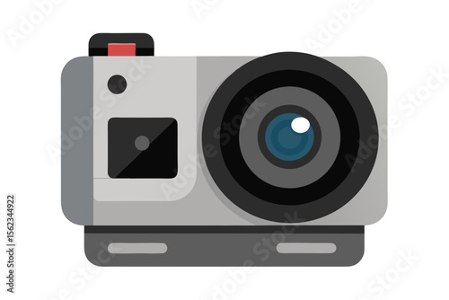 Modern flat design action camera with large lens and red button