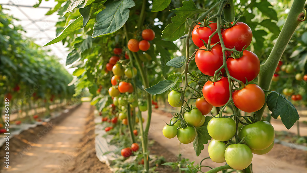 Fototapeta premium Thriving Tomato Plants in a Greenhouse: A Visual Guide to Successful Cultivation