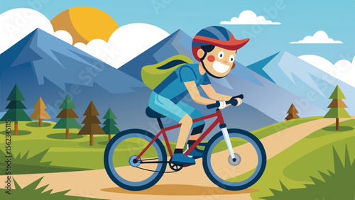 Cartoon Mountain Biker on Trail Red Bicycle, Blue Helmet, Backpack, Sunny Mountain View