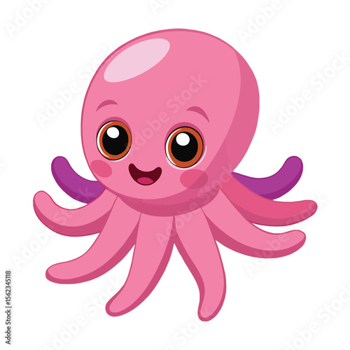 Cute cartoon pink octopus with big eyes isolated on transparent background