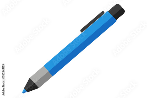 Modern blue ballpoint pen with black clip and cap on white background