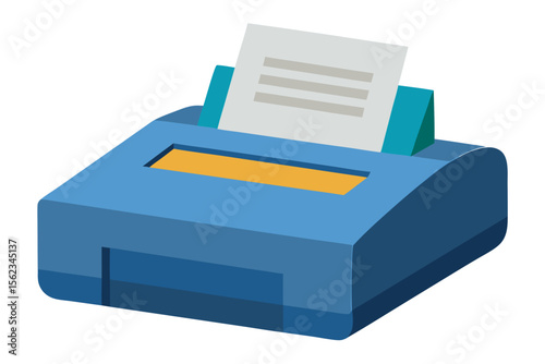 Blue printer with paper coming out on a white background