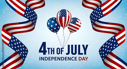 Festive Patriotic Banner for U.S. Independence Day Featuring Stars and Stripes Balloons and Curled American Flags

