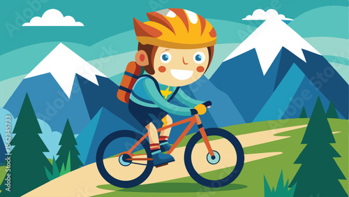 Cartoon Boy Riding a Mountain Bike on a Trail with SnowCapped Mountains