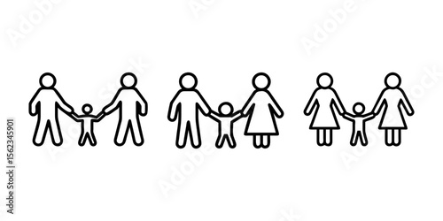 Inclusive Family Icon Set.  A trio of family icons including two dads, two moms, and a mom-dad couple with a kid. Representing diversity, LGBTQ+ families, and inclusivity.
