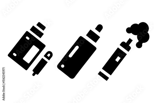 Icons Vaping Devices (Bold Style). Bold black icons of vape devices in a modern, filled-in style. Suitable for trendy designs, app interfaces, or promotional material for vaping-related products.