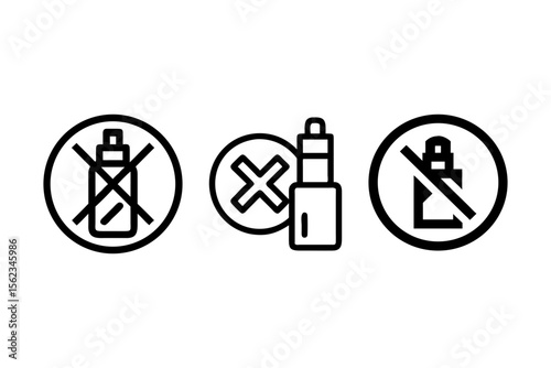 No Vaping Signs. A collection of outline icons with vaping devices crossed out or inside prohibition signs. Used for anti-vaping campaigns, public signage, and health warnings.