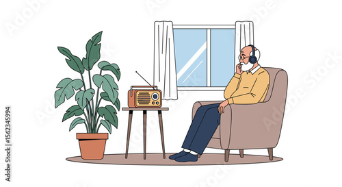 Old man listens to music in his cozy living room
