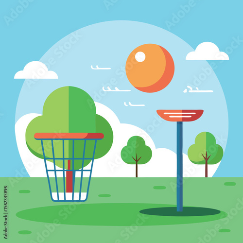 Disc Flying Toward Basket in Outdoor Frisbee Golf Scene