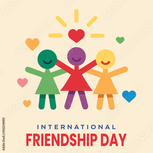 Joyful Celebration of International Friendship Day with Diverse Figures and Hearts