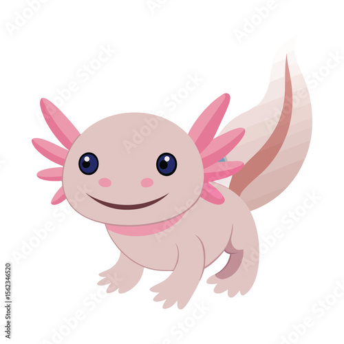 Cute cartoon axolotl smiling with pink frills isolated on transparent background