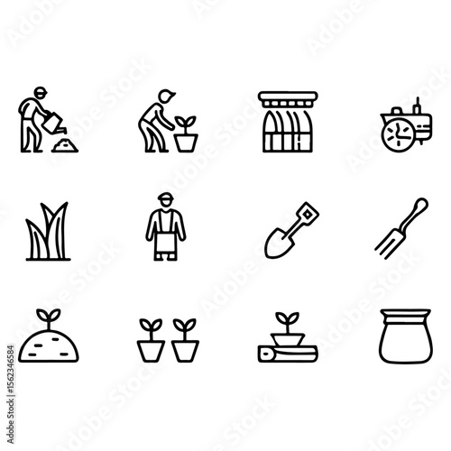 Gardening, Farming, Horticulture, Agriculture Icon Set, Planting, Growing, Seeds, Sprouts, Plants, Tools, Farm, Greenhouse