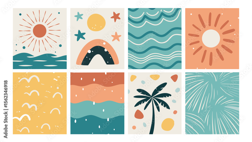 Fototapeta premium Eight Nautical Themed Summer Illustrations Sun Waves Rainbow Palm Tree Stars