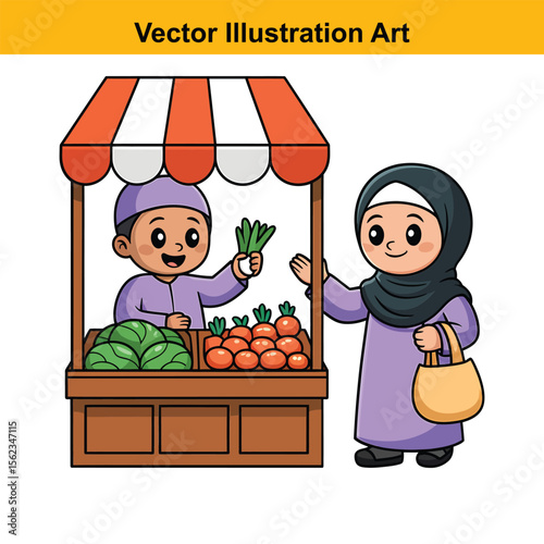Vector art of a muslim boy sells vegetables to a girl wearing a hijab at a stall