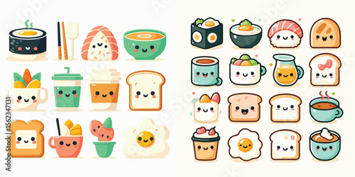 Flat vector collection of cute kawaii food icons with happy faces: sushi, toast, coffee, eggs. Minimalist design, pastel colors, white background