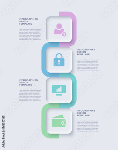 Vertical infographic template in neumorphism style. Four steps or options with business icons for presentation slides