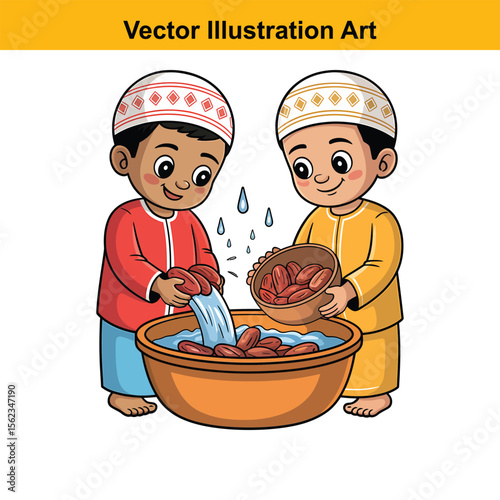 Vector art of two muslim boys are washing dates together in a bowl of water