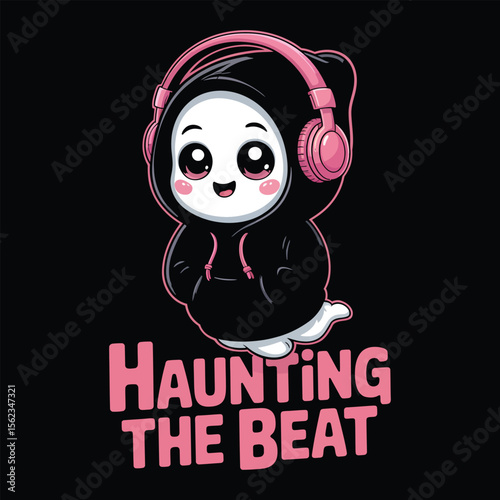 Kawaii ghost flying with cat and ‘My boo buddy’ quote in cute cartoon vector style on black background