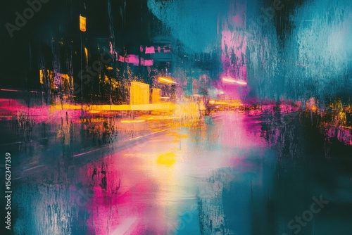 Abstract neon city lights through wet glass