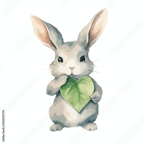 watercolor pet rabbit with a heart-shaped leaf illuSTRATION