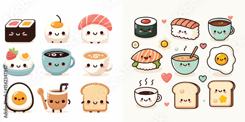Flat vector collection of cute kawaii food icons with happy faces: sushi, toast, coffee, eggs. Minimalist design, pastel colors, white background